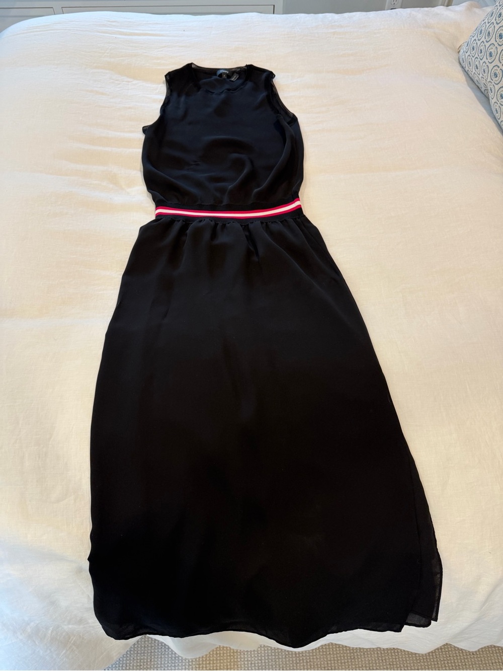 Theory Black Sleeveless Midi Dress with Pink Waistband
